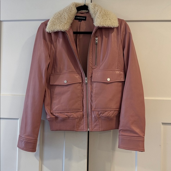 Lamarque Klemence Bomber Leather Jacket, 100% Lamb Leather, Mauve Pink, Size XS - Picture 6 of 14